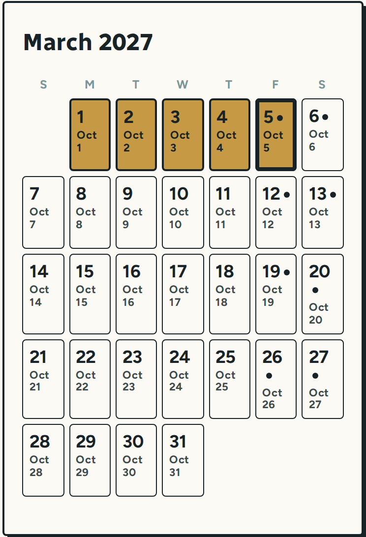 The Visit Canada Parks arrival calendar, with the days that open this week in gold